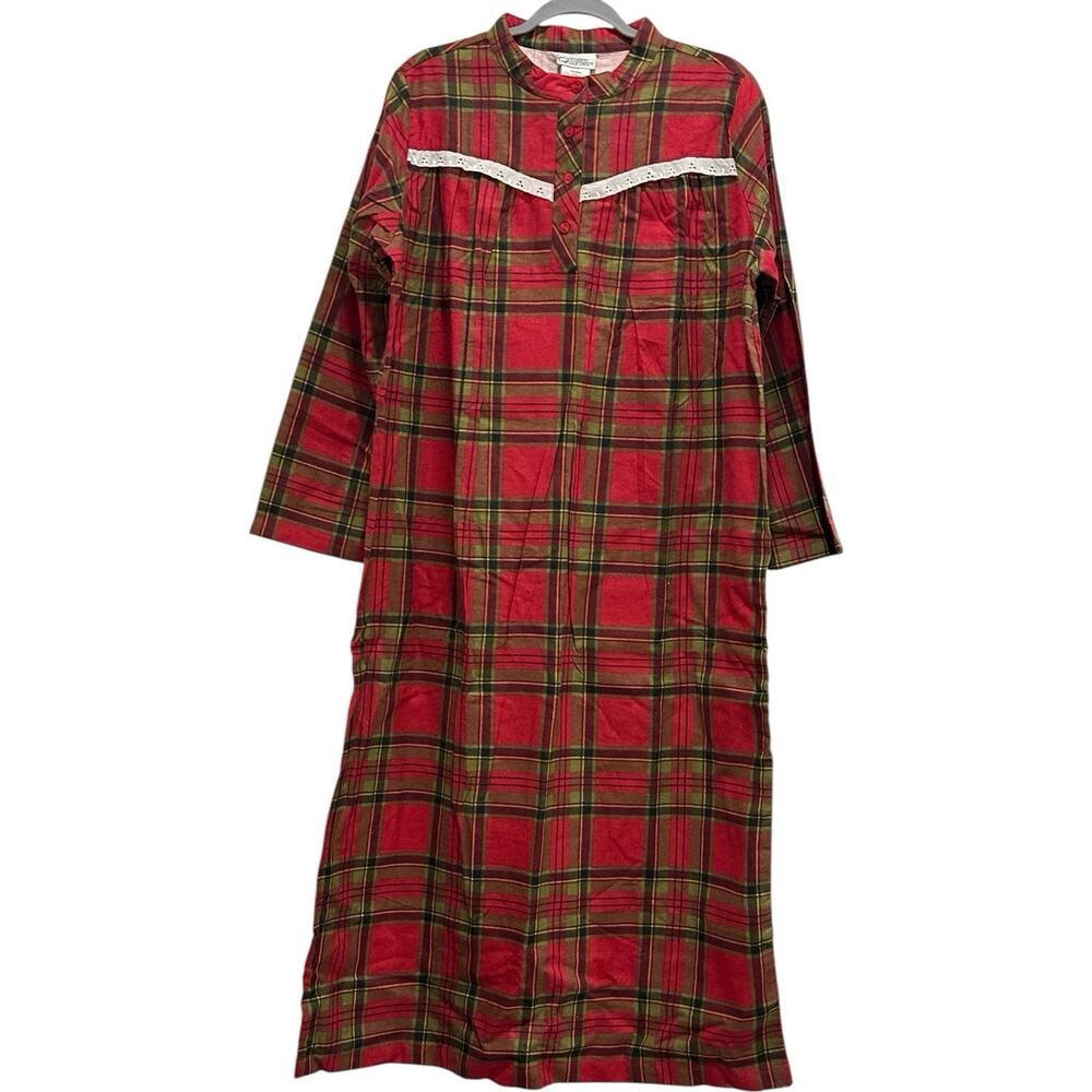 Cozee Corner 100% Cotton Long Flannel Red Green Plaid Nightgown Cottage Sz M